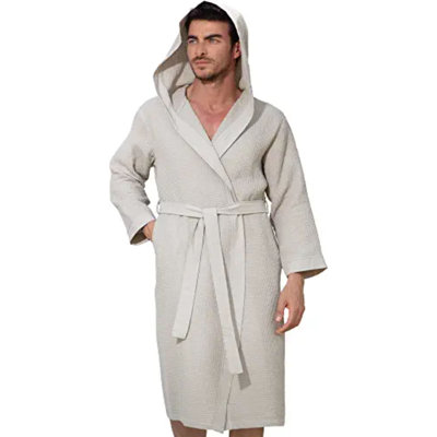 Men's Waffle Robe W Piping C Hooded Lightweight Cotton, Full Length Ultra Soft Spa Sleepwear Bathrobe - Waffle Weave Robe -  Alwyn Home, 52550E4CD581407E94B17569359D1F04