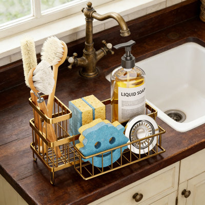 Kitchen Sink Sponge Holder With Auto-Drain Spout And Detachable Rack - Stainless Steel Sink Caddy Organizer For Brushes, Soap Dispenser, And Cleaning Tools