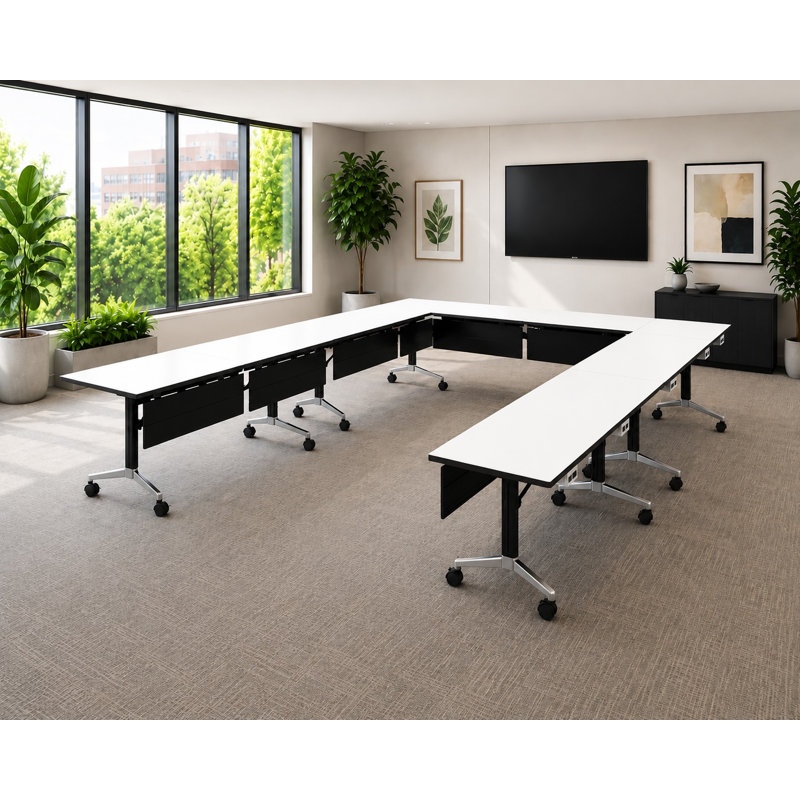 Tables de formation mobiles commerciales avec alimentation intégrée | Ensemble de 5 | Tables gigognes pliables de 80 po | Roulettes verrouillables | Mobilier de salle de conférence et de classe | Blanc | Sièges 10