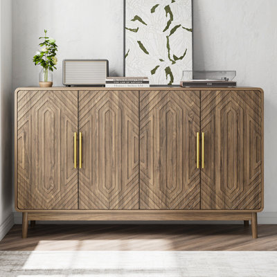55" Modern Walnut Accent Cabinet with Curved Edges, 4 Doors & Ample Storage