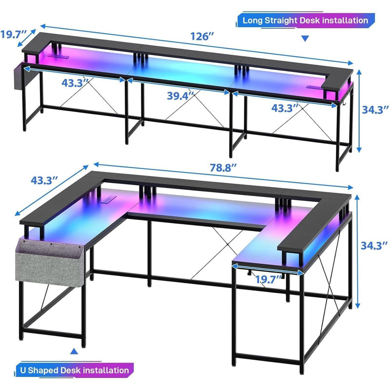 78.8" U Shaped Computer Desk With Power Outlets, USB Ports, LED Strip And Monitor Stand, Reversible L Shaped Desk With Storage Shelves