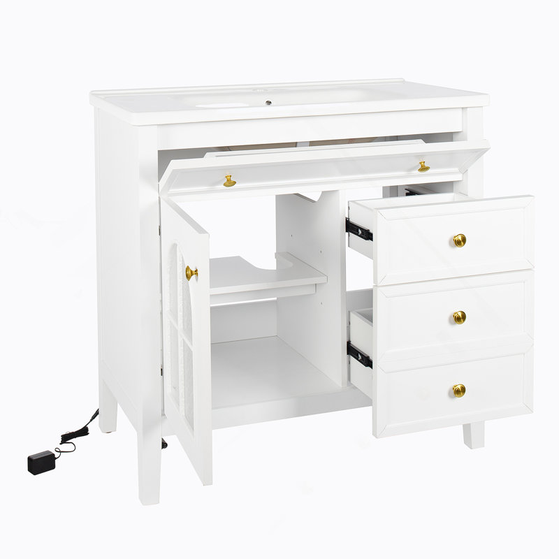 Mid-Century Bathroom Vanity Sink With Patterned Glass & Motion-Sensor Light Strip, White