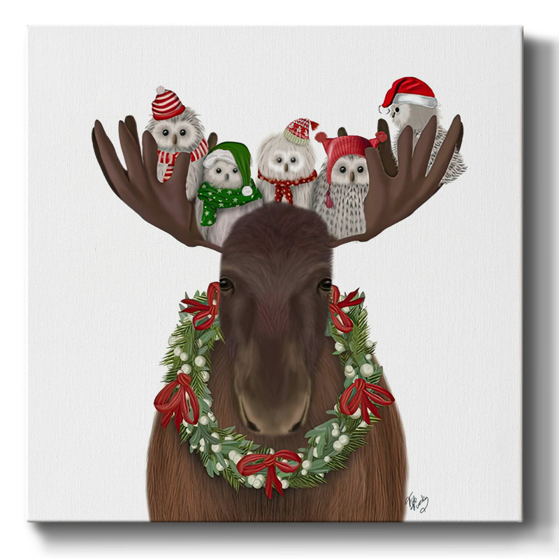 «Christmas Moose And Christmas Owls» sur toile, H 10 po x l 10 po x P 1,5 po