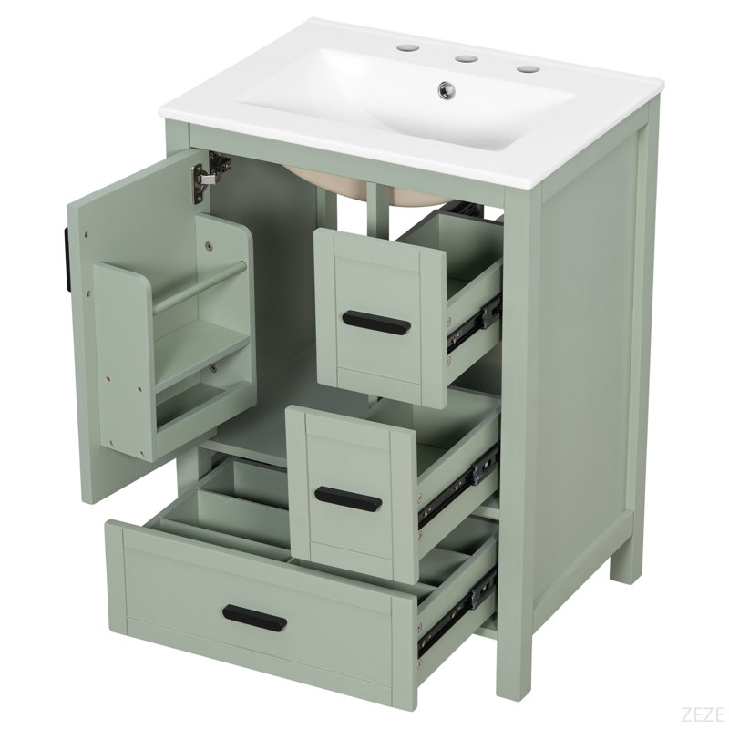 Meuble-lavabo moderne de 24 pouces avec lavabo en céramique, porte à fermeture douce, tablette de porte à double couche et 3 tiroirs