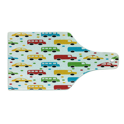 Ambesonne Cars Tempered Glass Cutting Board Vivid Bus Taxi Automobiles Multicolor