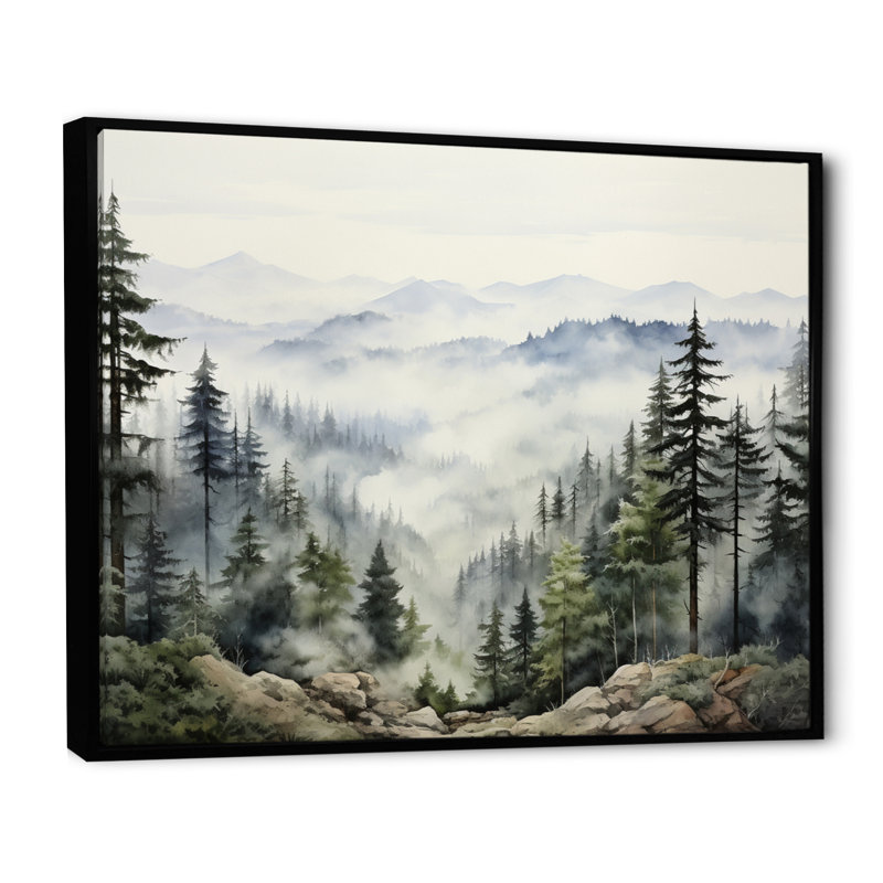 «Pine Tree Misty Mountain I», art sur toile de pin, Reproduction avec cadre flottant, H 30 po x l 40 po, Noir