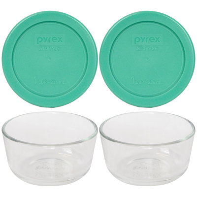 Pyrex (2) 7202 1-Cup Glass Bowls & (2) 7202-PC 1-Cup Lids
