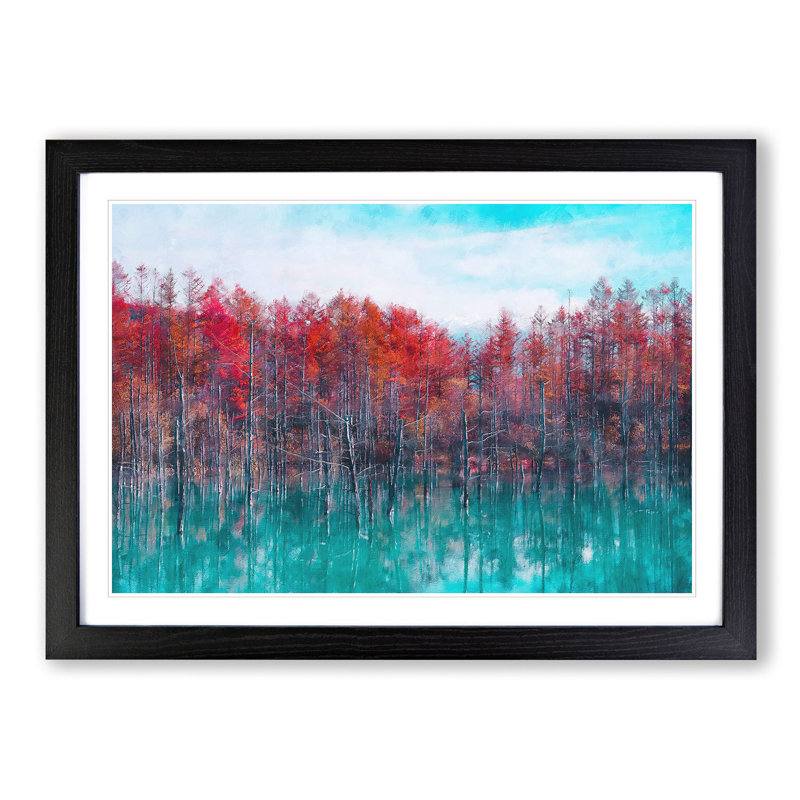 Blue Pond In Hokkaido Japan Painting - Single Picture Frame Print on MDF, 62cm H x 87cm W x 2cm D, Black