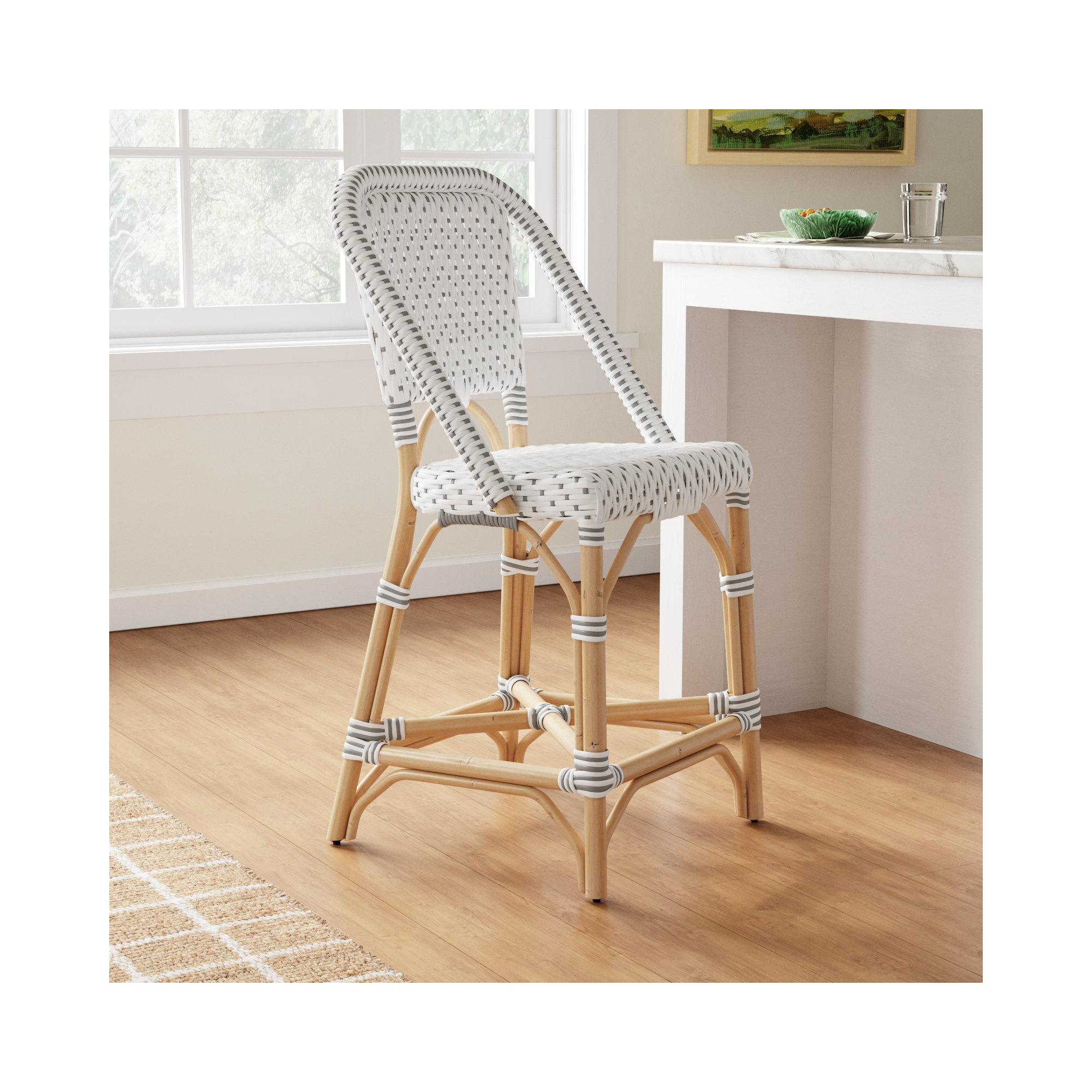 Ezekiel Woven Stool, White/Gray Dot
