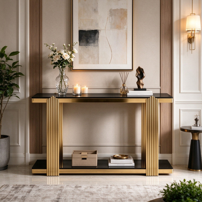 Console moderne en verre trempé doré et noir avec miroir, idéale pour un corridor ou un salon. Table d'appoint élégante et moderne. Table console en verre trempé doré et noir.