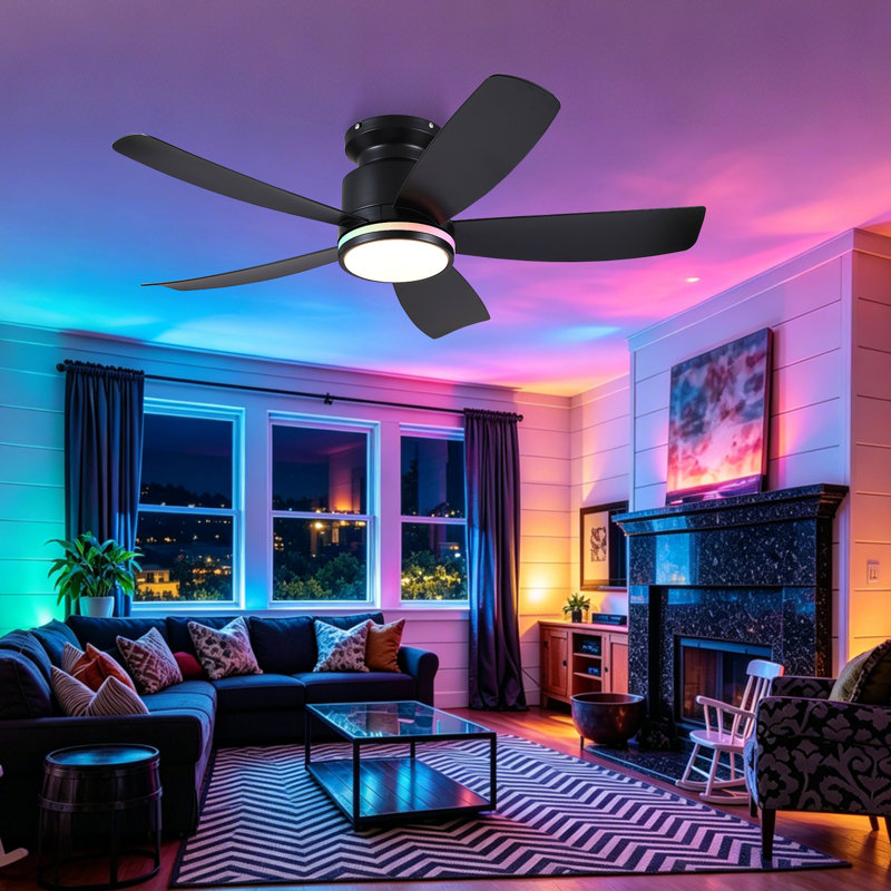 Ventilateur de plafond encastré 41 po à 5 pales avec lumière et télécommande / application, 41", Noir - rouge, vert et bleu