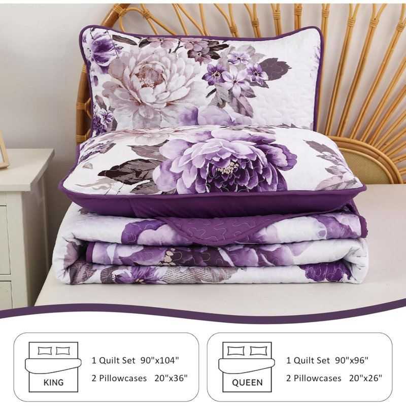 Ensemble de courtepointe à motif floral grand, ensemble de literie légère et matelassée imprimée pour toutes les saisons, ensemble de couvre-lit réversible pour plantes 3 pièces avec 2 taies décoratives