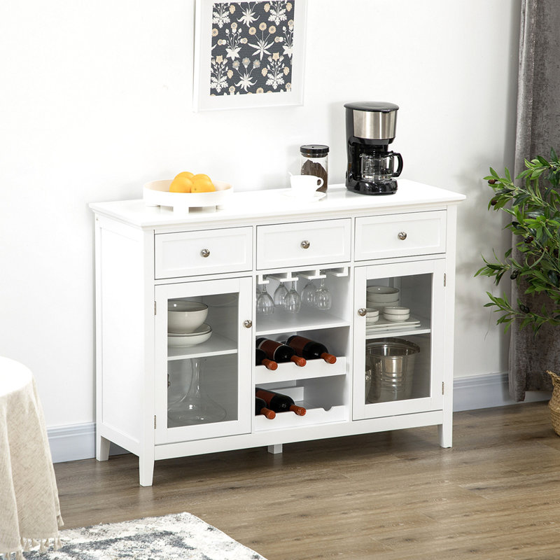 Armoire à café avec 3 tiroirs, porte-bouteilles de 6 bouteilles, porte-verres à pied, porte en verre, armoire buffet, armoire à vin