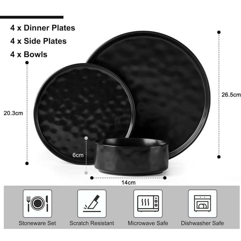 Stoneware Dinnerware - Service for 4, Matte Black