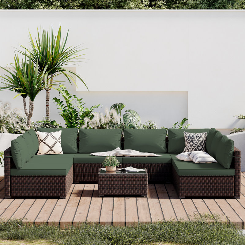 Rosaelena Wicker 8 - Person Modular Patio Conversation Set with Cushions, Green, Brown