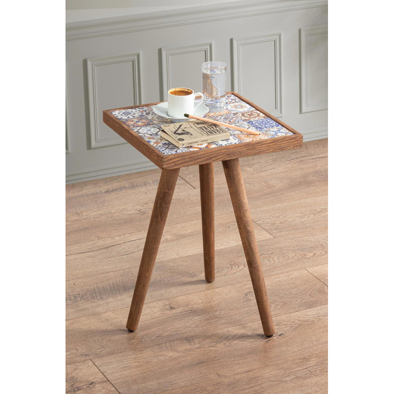 Canora Grey Side Coffee Table End Table Accent Table Home Essentials Solid Wood Tile Ceramic Table, Walnut