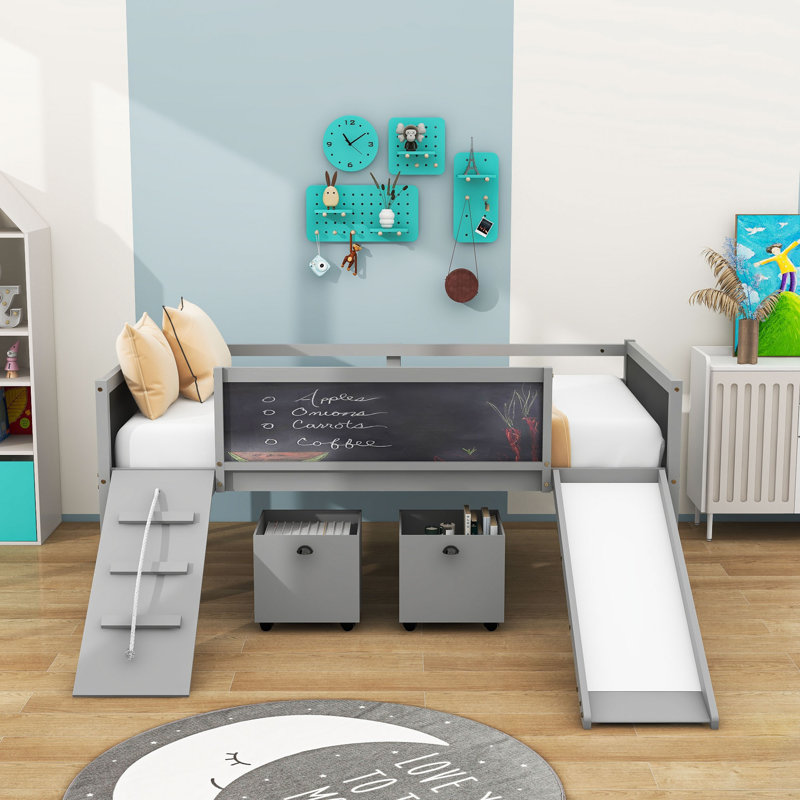 Bludov Twin Loft Bed with Two Storage Boxes, Chalkboard and Slide by Harriet Bee, Gray