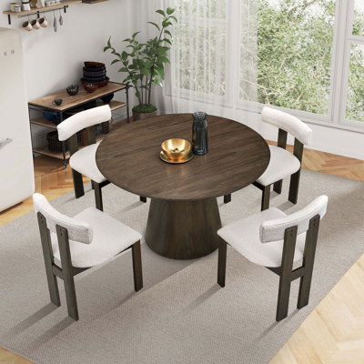 5-PCS Wooden Dining Table Set, Modern Round Table And 4 Boucle Upholstered Dining Chairs