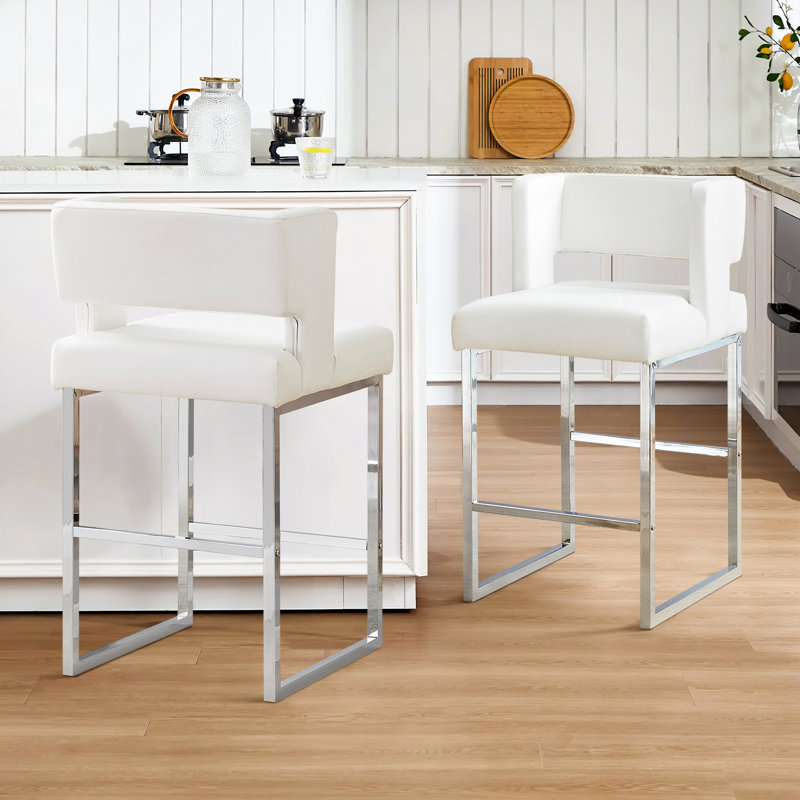 Tabouret de comptoir rembourré avec structure en métal (ensemble de 2), Blanc, Argent argent