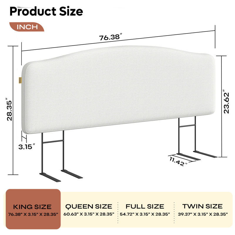 Damerius Curved Upholstered Headboard With Adjustable Height & Easy Plug-In Mount, Scratch-Resistant Towel Velvet, White