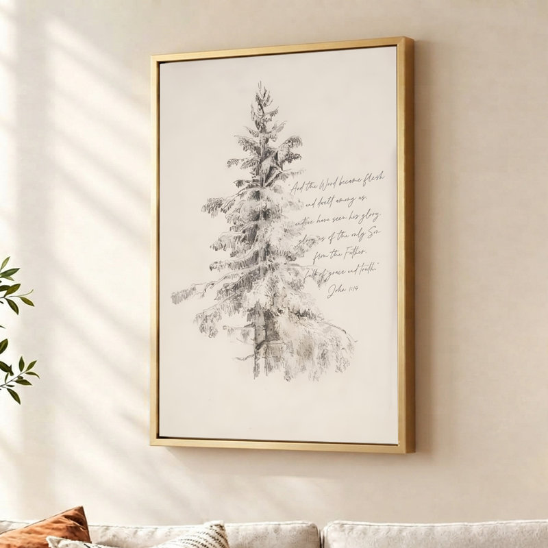 Tableau sur toile encadré avec motif de pin, cadre flottant doré, impression botanique, 76 cm (H) x 51 cm (L)