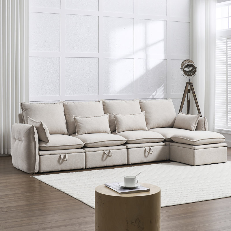 Canapé modulaire de 114 po avec repose-pieds 5 pièces 114 po, Lin beige
