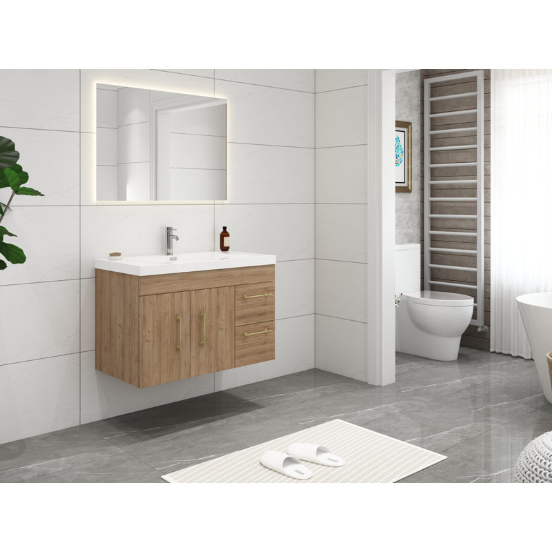 Ensemble de meuble-lavabo simple 36 po Carliss, Naturel / chêne, Argent