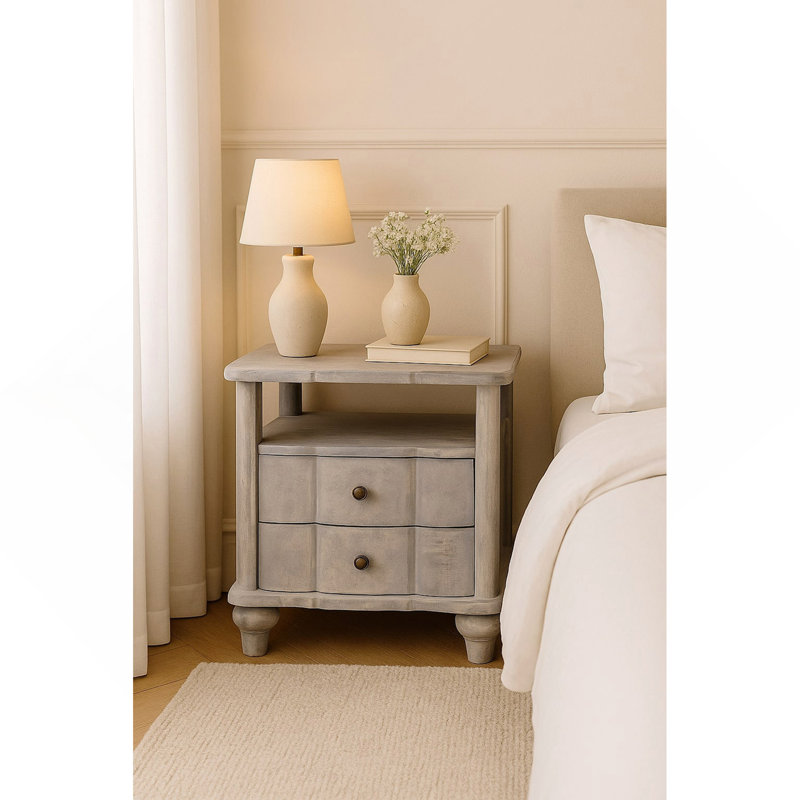 Table de chevet en bois massif, gris, 2 tiroirs, 1 tablette