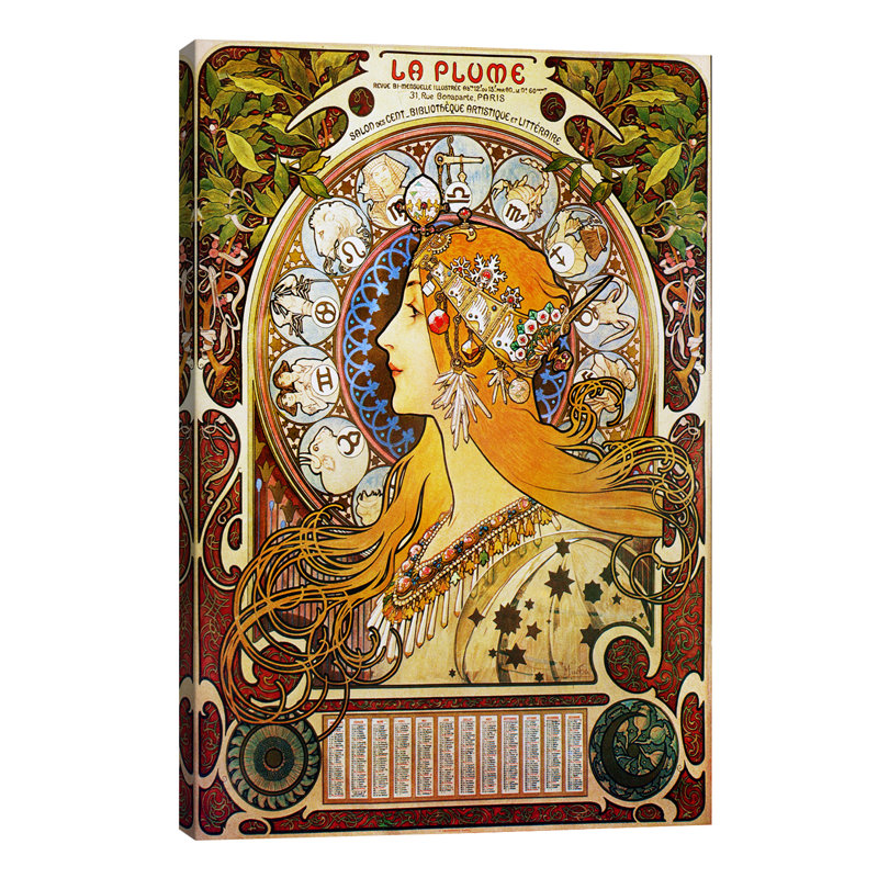 Zodiac (1896) by Alphonse Mucha - Floater Frame Painting on Canvas, 66.04 cm H x 45.72 cm W x 1.91 cm D, No Frame