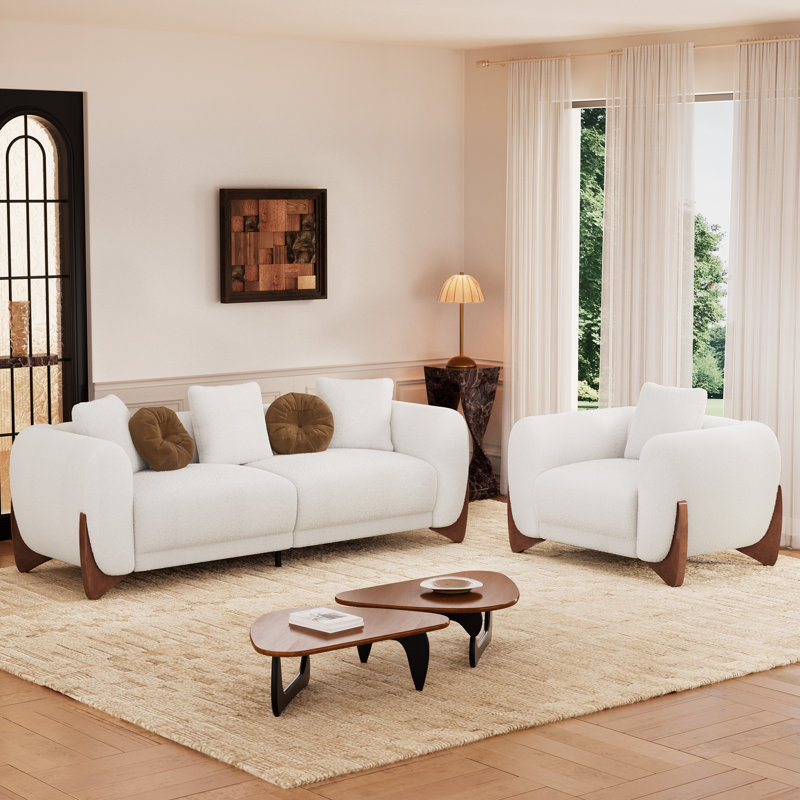 Keiven 2-Piece Living Room Set – Bouclé Sofa & Chair With Walnut Legs, Beige