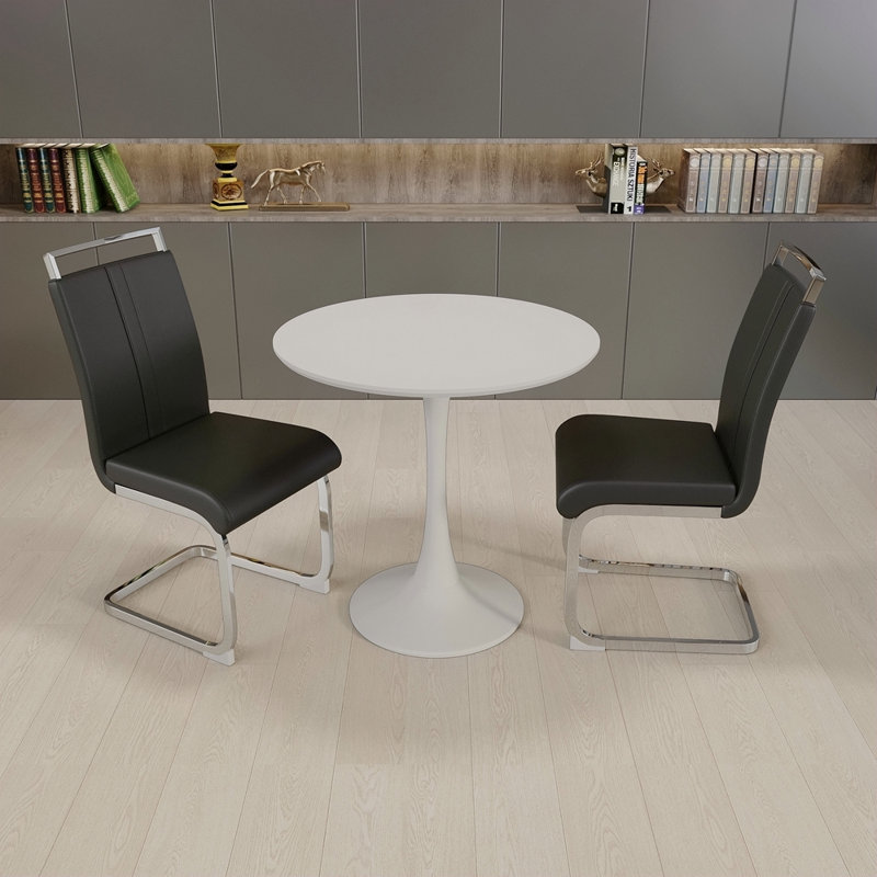 Table de salle à manger 31,5 "circulaire blanche, table de salle à manger, table de salle à manger pour 2 à 4 personnes, plateau et base en panneau de fibres à densité moyenne et 2 chaises de salle à manger en métal plaqué de polyuréthane 