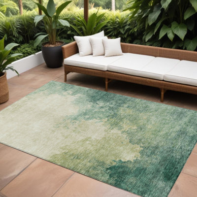 Tapis extérieur lavable abstrait vert et ivoire 10 pi x 14 pi