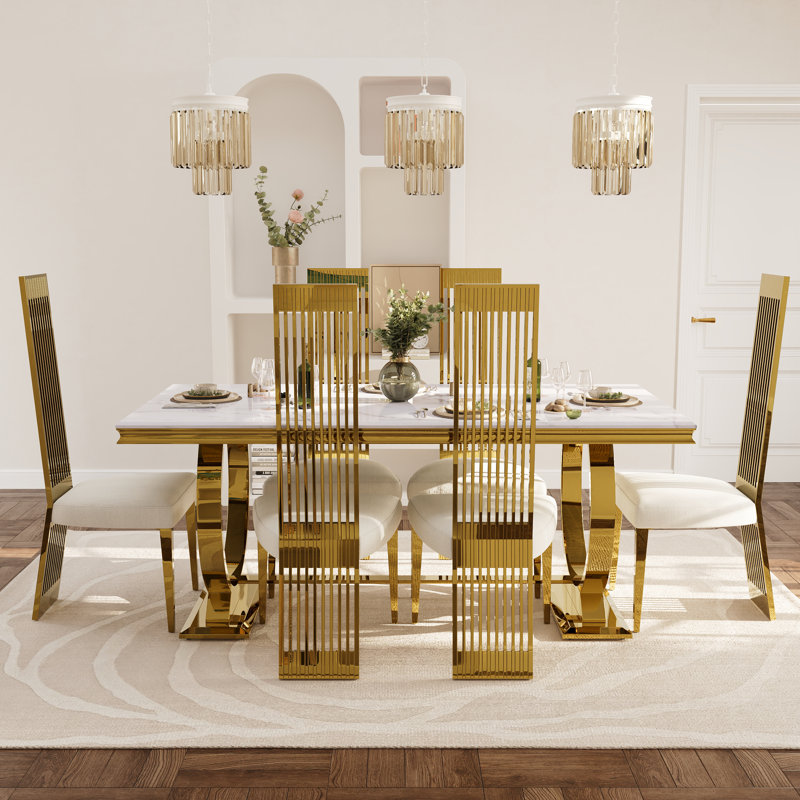 Ensemble de table de salle à manger 7 pièces blanc et argent avec 6 chaises blanches Boucle, Blanc, Doré