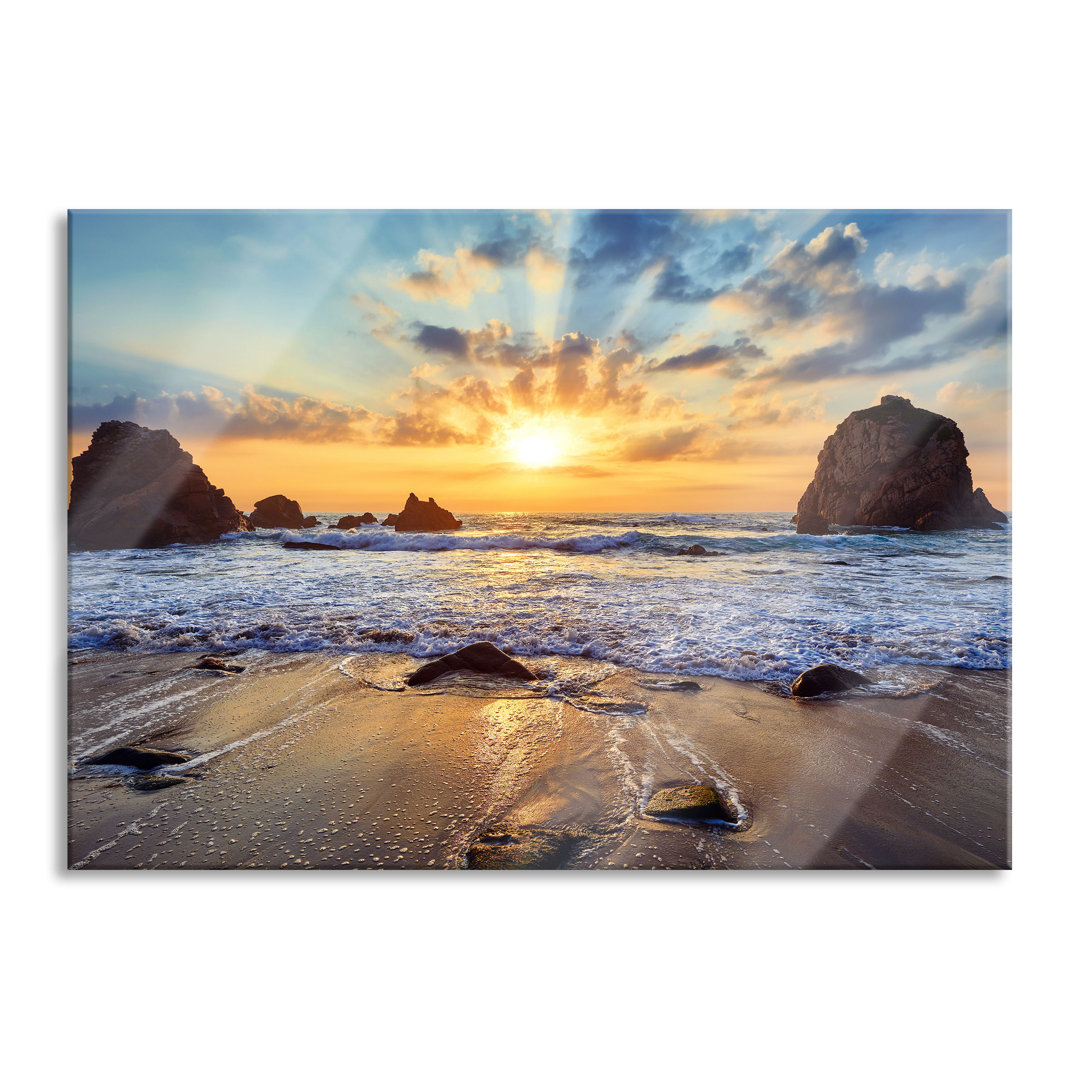 Glasbild | Wandbild Auf Echtglas | Sandstrand Mit Felsen Im Sonnenuntergang |Inkl. Aufhängung Und Abstandshalter LFy1775...