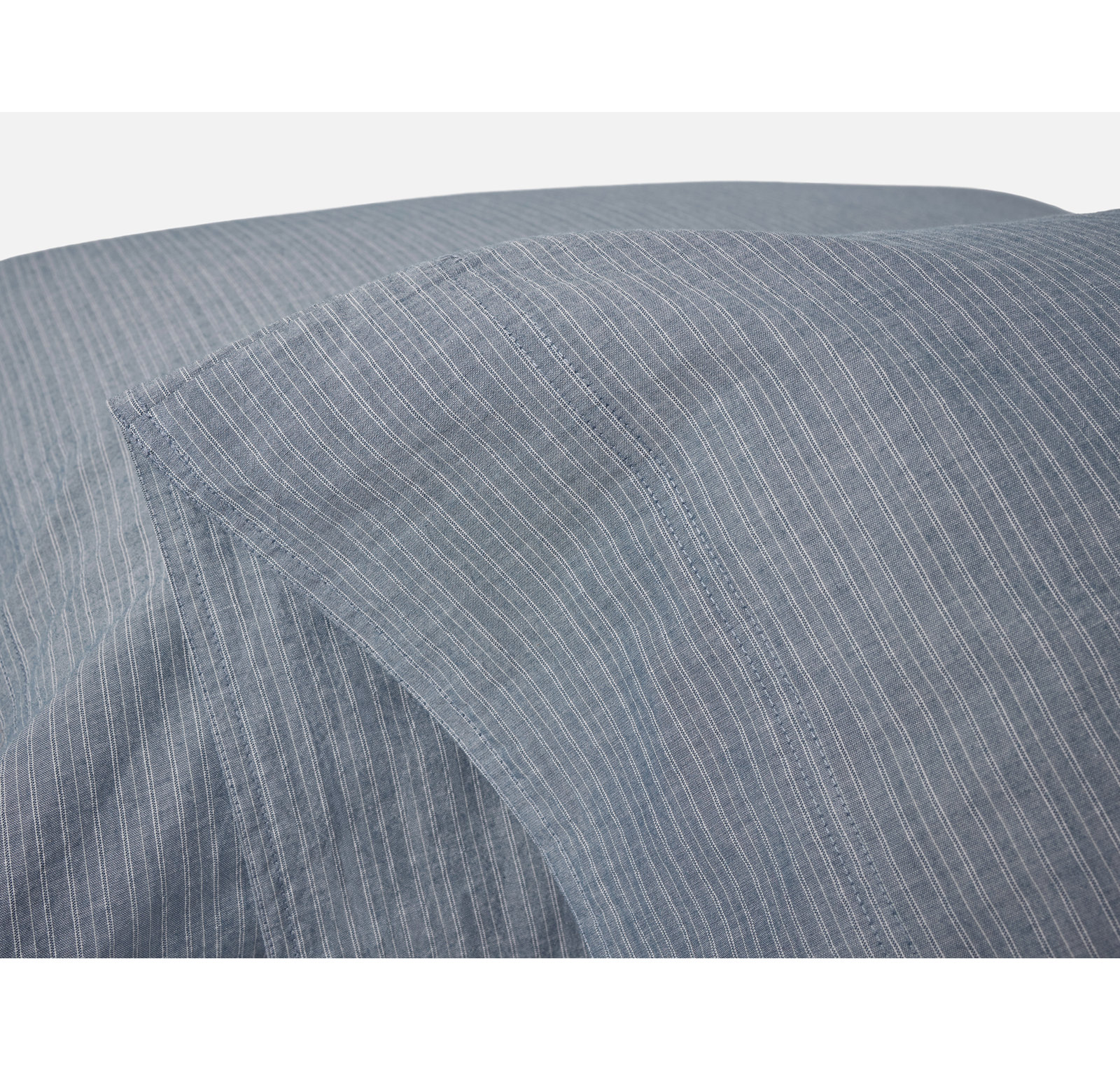 Crinkled 100% Cotton Percale Pillowcase - Set of 2, Standard/Queen Pillowcase, Indigo Chambray Stripe