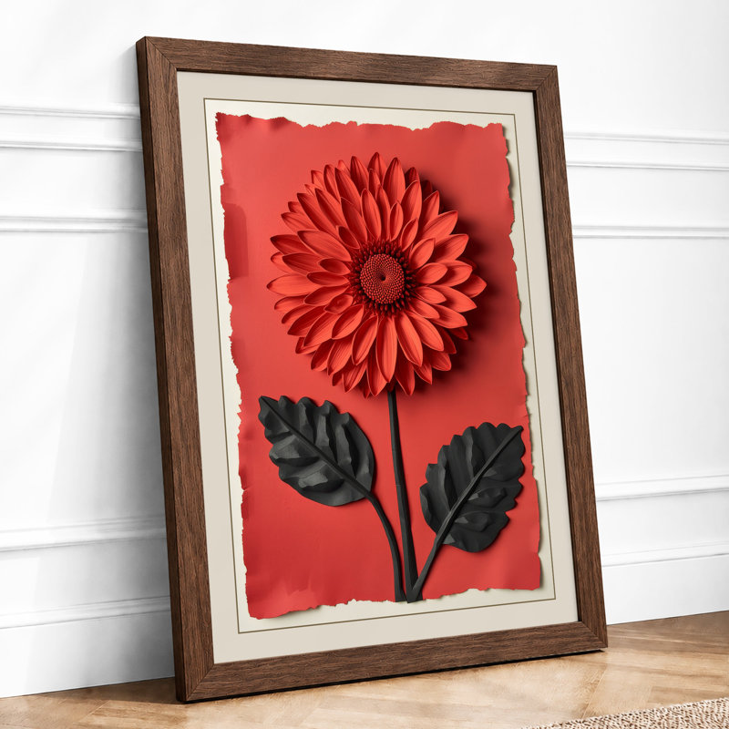Red Gerbera Bloom Botanical - Print, Walnut, A1 - 84.1 x 59.4 cm