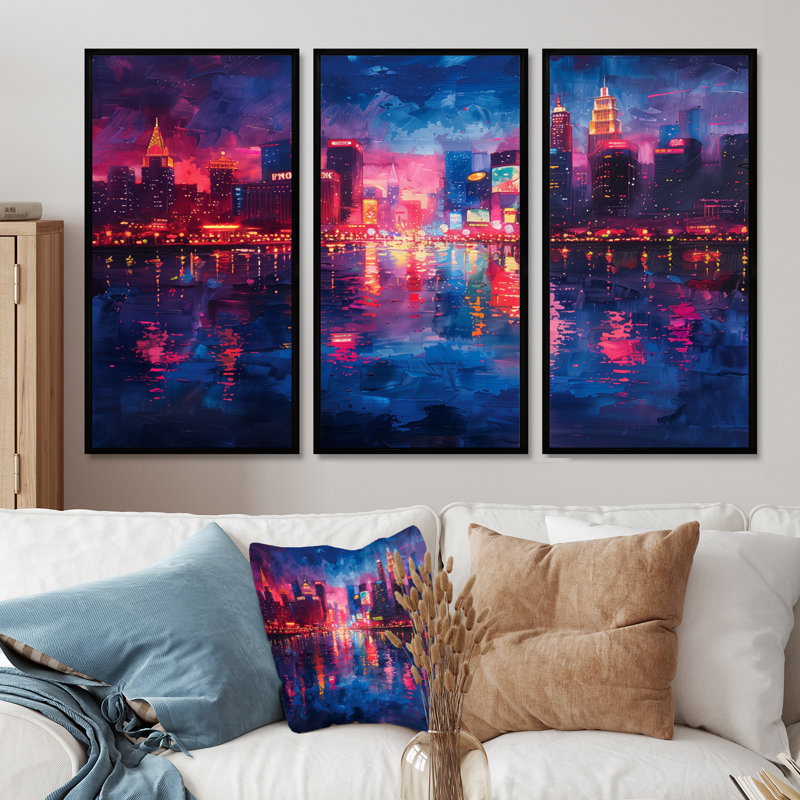 Rose, bleu, néon et nuits Casinos II - Casinos, Cadre flottant noir, H 32 po x l 48 po
