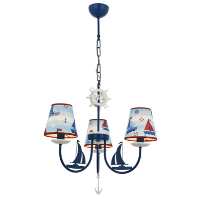 Modern Blue Chandelier, 20.5 in Diameter x 29.5 in Height | Durable Metal Body, Fabric Cap, 3 x E14 Max 40W Sockets | Stylish Lighting for Kids' Rooms, Vehicles & Novelty Spaces, Elegant & Functional Design
