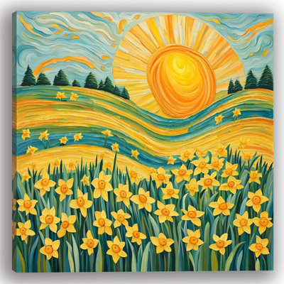 Radiant Sun and Daffodil Field in Swirling Colors Wrapped Canvas Wall Art