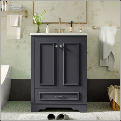 24'' Bathroom Vanity With Ceramic Sink Combo, Modern Freestanding Storage Cabinet  With Silver Handles,  Soft Closing Doors