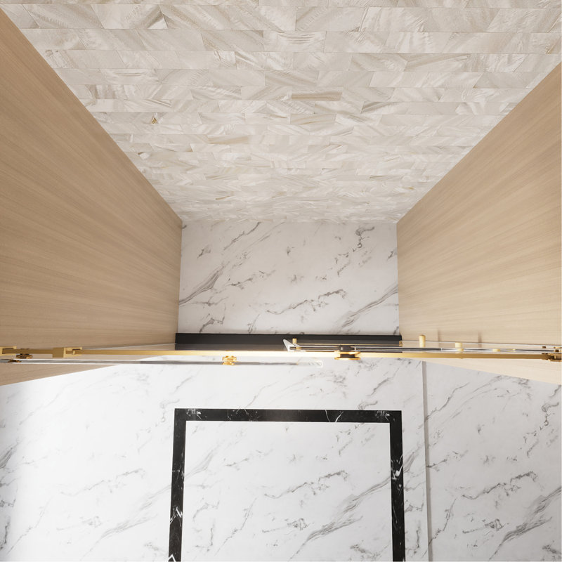 Frameless Single sliding shower door  56-60 "W x 76" H, 1/4 "(6 mm) Clear Tempered Glass, Explosion Proof Film, Stainless Steel Handle Square Tube Track ,Brushed Gold