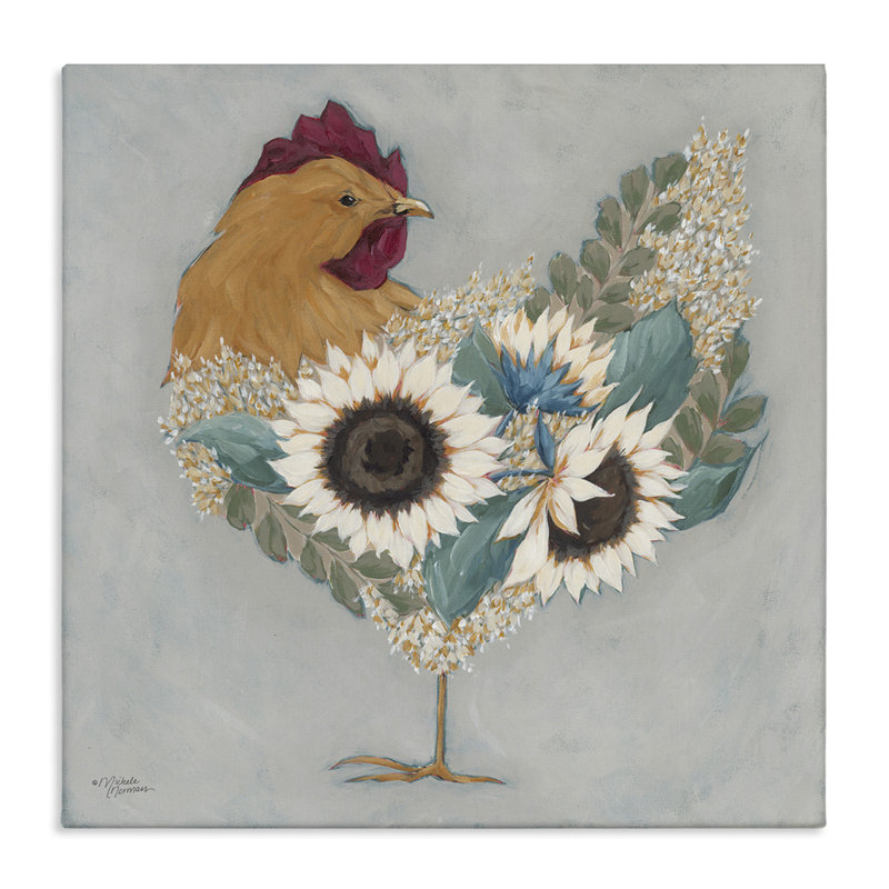 «Farm Rooster Layered Floral Blossoms» par Michele Norman - peinture sur toile tendue, H 17 po x l 17 po x P 1,5 po