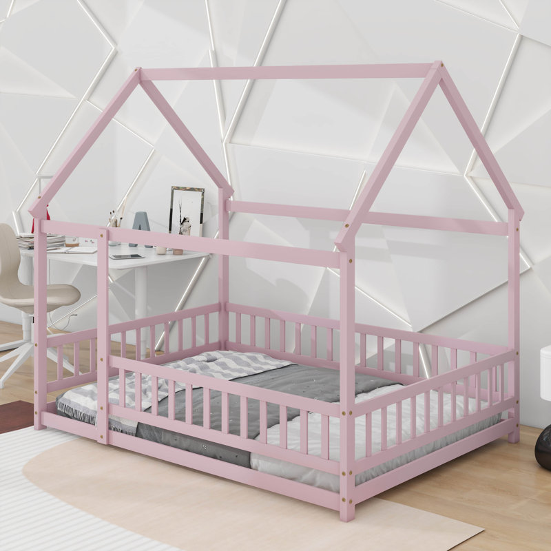 Lit en bois avec structure de toit House House, Double, Rose