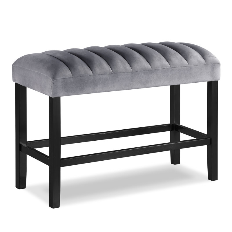 1Pc Gray Black Counter Height Bench Dining Room Velvet Fabric Upholstery Kitchen Dining Wooden Furniture