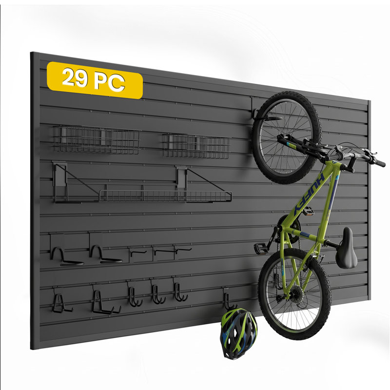 Slatwall Panel 8' X 4' Pvc Garage Organizing System With 29pcs Sports Equipment Accessories Set, Black
