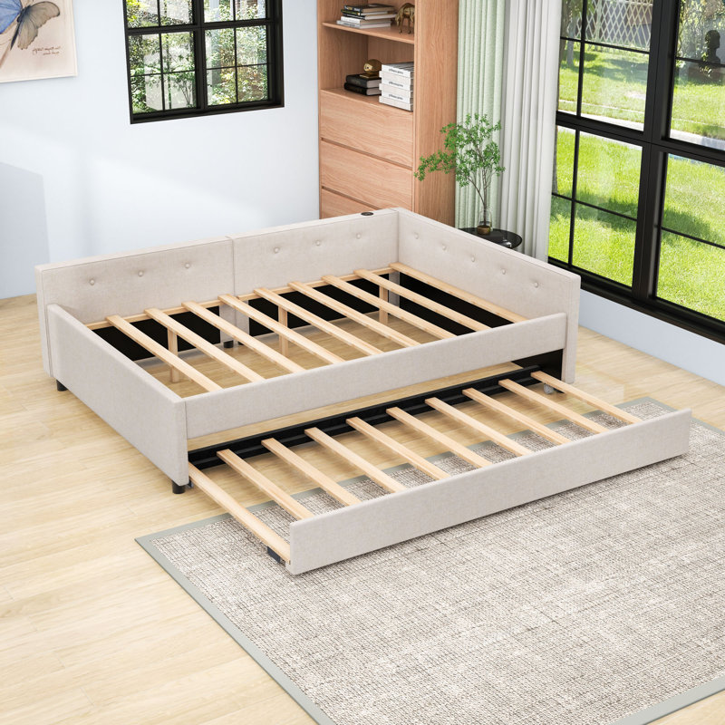 Lit plateforme tapissier avec lit gigogne simple et ports USB, Complet/Double