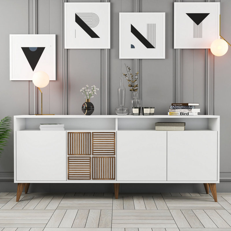Console Adrius, Blanc / noyer, Blanc, H 30,9 po x l 70,9 po x P 13,8 po
