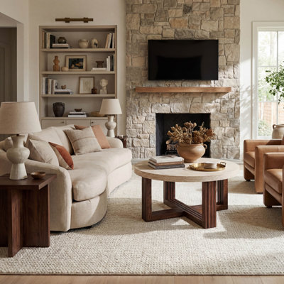 31.5 Inch Round Coffee Table with Marble Pattern Top and Cross Brown Base, Modern Natural Wood Grain Accent Center Table
