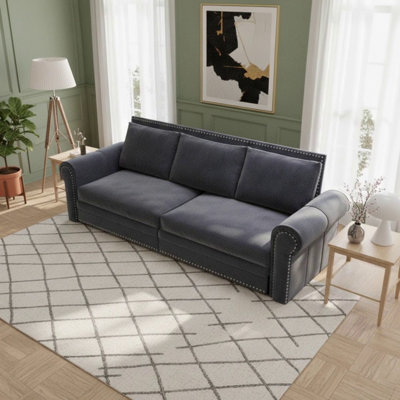 Canapé-lit Chesterfield 93,7 po Chesterfield, canapé-lit convertible 3-en-1 en velours avec garniture cloutée et accoudoirs roulés, multifonctionnel pour le salon et la chambre à coucher, gris