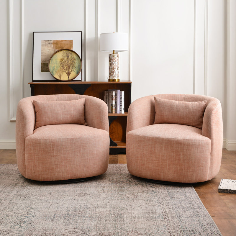 2 - Pieces Textured Linen Weave Upholstered Swivel Barrel Chair, Coral